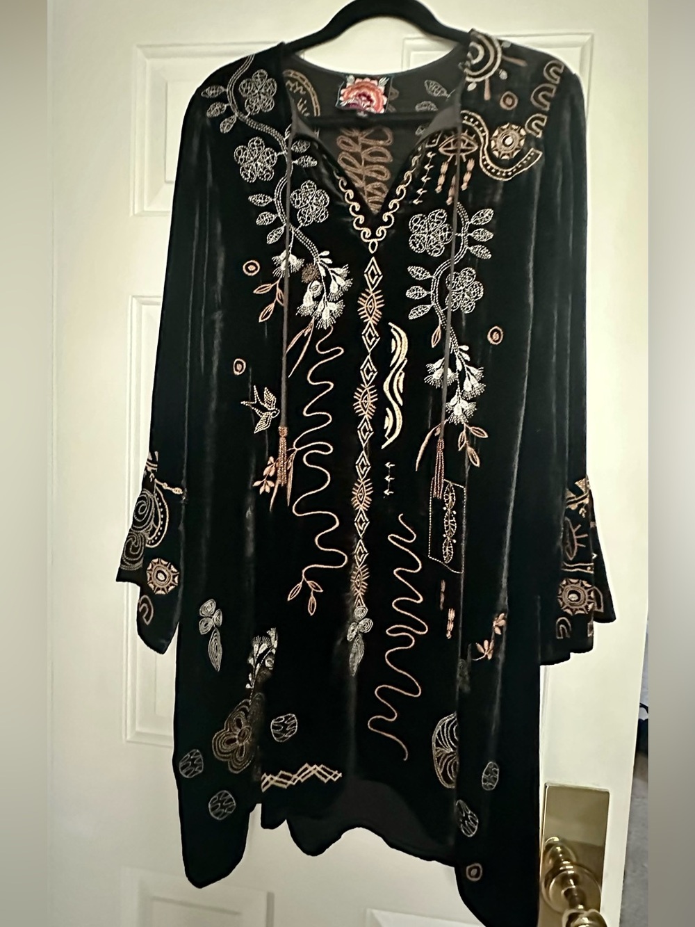 Johnny Was Black Embroidered Velvet Tunic Dress